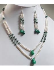 Magnificent 2 Strands Natural Fresh Water Pearl & Emerald Drops Beaded Necklace with Free Earrings