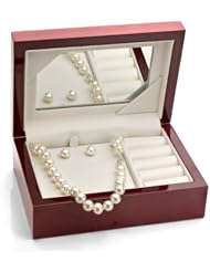 Sterling Silver 9-10mm White Cultured Freshwater High Luster Pearl Necklace and Earring Set. Included Wood Jewelry Gift Box with Mirror. Perfect Holiday Gift for the Loved One