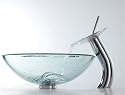 Bathroom Glass Vessel Sink "Clear" & Matching Glass Waterfall Faucet Chrome COMBO