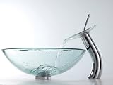 Bathroom Glass Vessel Sink Clear & Matching Glass Waterfall Faucet Chrome COMBO
