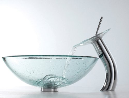 Bathroom Glass Vessel Sink Clear & Matching Glass Waterfall Faucet Chrome COMBO