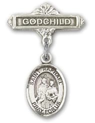 Sterling Silver Baby Badge with St. Raphael the Archangel Charm and Godchild Badge Pin