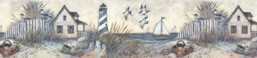 Lighthouse & Home on Beach Ocean Wallpaper Border