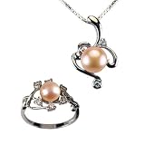Entwining Vine Cultured Pearl Cubic Zirconia Pendant Necklace 18 & Ring Set in CAREFREE Sterling Silver, Peach