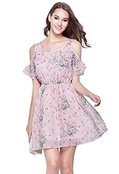 Pleated Off the Shoulder Chiffon Floral Print Fit-and-Flare Elasticized   Waistline Cocktail Above the Knee Short Summer Evening Dress/Prom Dress/Party Dress/Mini Dress 