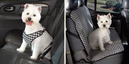 SML / MEDIUM - BLACK - Houndstooth Car Harness WITH MATCHING CAR SEAT COVER