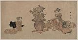 Canvas Print of historic Japanese Art: three women admiring a plant in a large pot
