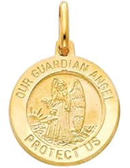 14K Yellow Gold Medium Religious Our Guardian Angel Medal Charm Pendant