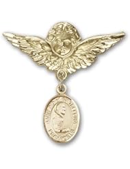 14K Gold Baby Badge with St. Pio of Pietrelcina Charm and Angel with Wings Badge Pin