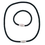 Men's Necklace Bracelet Set Leather Black Woven with Stainless Steel Magnetic Brushed Satin Link by Bucasi SALE