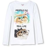 THE CHILDREN'S PLACE(ザ・チルドレンズプレイス) グリッターキティグラフィックティ ホワイト トップス長袖Tシャツ 10～12歳【並行輸入】