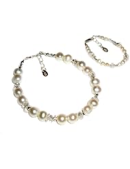 Sterling Silver Mother & Daughter Bracelets / Mom & Me Bracelet Set and Baby Gift with Freshwater Pearls and Heart Gift Box, 6-10 years (Baby 6 - 6.5" and Mother 7 - 7.5" adjustable)