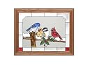 Medium Hardwood Framed Art Glass Birds On A Snowy Fence Window Hanging Suncatcher 13 x 16
