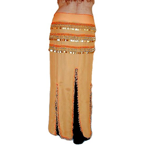 Long Light Orange Hip Scarf Skirt with Gold Coins & Gold Beads