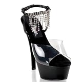 6 Inch Sexy High Heel Stiletto Heel Shoes Ankle Strap Platform Sandal With Rhinestones Black Silver CLEARANCE