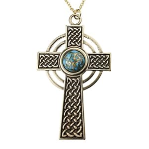 Large Celtic Cross with 12mm Persian Blue Copper Turquoise Gemstone on Rolo Chain
