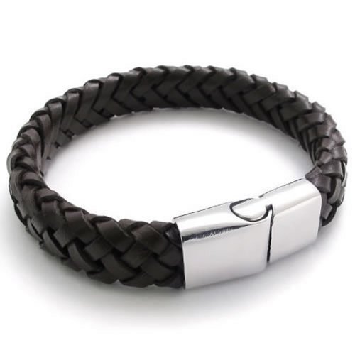 KONOV Brown Leather Mens Bracelet Bangle Stainless Steel Clasp - 8