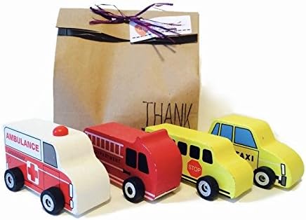 JFullerton Wooden Wheels Natural Wood Plan Car Toys 4 set Include School Bus Ambulance, Police Car, and Fire Department Truck