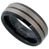 Tungsten Carbide 8 mm (5/16 in.) Black Finish Comfort Fit Flat Beveled Wedding Band Ring w/ 2 Stripes
