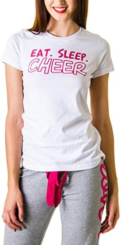 Activewear Apparel Eat Sleep Cheer T-shirt and Flannel Pants Pajama Set (Large, White/Pink/Gray)