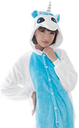Man and Woman Winter Flannel Pajamas Unicorn Cartoon Animal Lovers One-piece Pajamas Toilet Permitted Homecoat (Blue, M)
