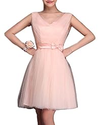 Junior V-neck Tulle Knee Length Bandage Dress/Homecoming Dress/Bridesmaid Dress/Wedding Party Dress  With a Sash 