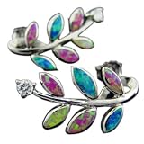 Rhodium Silver Opal Multi Color Leaf Earrings Hawaiian Jewelry