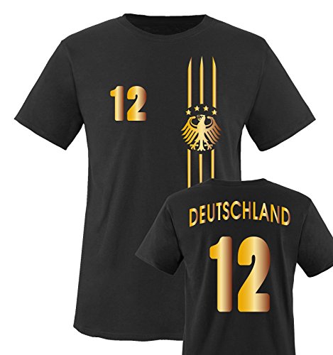 EM 2016 – TRIKOT – MOTIV1 – DEUTSCHLAND – 12 – Kinder T-Shirt – Schwarz / Gold Gr. 122-128