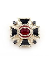 Alexander James 14k Gold Bonded Brooch with Openwork Iron Cross Inspired Design with Synthetic Ruby Red Center Stone and Black and Clear Crystals Set in Goldtone