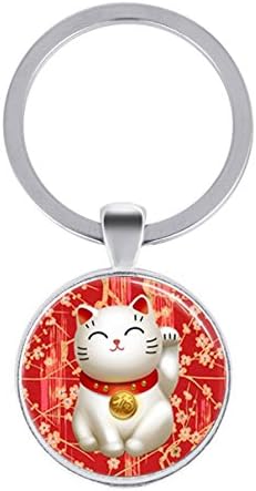 Lucky Cat key ring Red Maneki Neko Good Luck Charm Art Glass Dome key ring