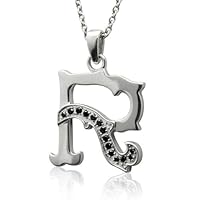 Men's Sterling Silver Alphabet Initial Letter R Black Diamond Pendant Necklace-0.09 carat