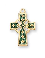 9/16" 14K Gold over Solid .925 Sterling Silver Celtic Irish Cross W Enamel Irish Celtic Claddagh Medal Pendant Necklace