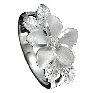 925 Sterling Silver Plumeria w/ Maile Leaf Ring--Hawaiian Silver Jewelry
