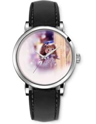 SPRAWL Aanalog Fashion Series Silver Ladies Watches of Genuine Black Leather Strap,Unique Wrist Watch for Women Girls Designed with Floral dress dolls