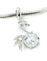 Pro Jewelry .925 Sterling Silver " Swan w/ Large Clear Cubic Zirconia 9mm" Bead Compatible with Pandora Chamilia Kay Troll Bracelet