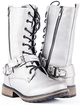 Chase &amp; Chloe Women's Gunmetal Zip-Up Combat Boot w/ Buckle 6 M US