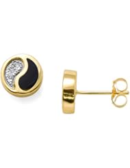 Black Coral Yin Yang Earrings with Diamonds in 14K Yellow Gold