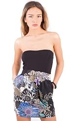 Cotton/Polyester Floral Print Bandeau Neck Mini Dress 