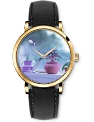 SPRAWL Aanalog Fashion Series Gold Ladies Watches of Genuine Black Leather Strap,Unique Wrist Watch for Women Girls Designed with different pots
