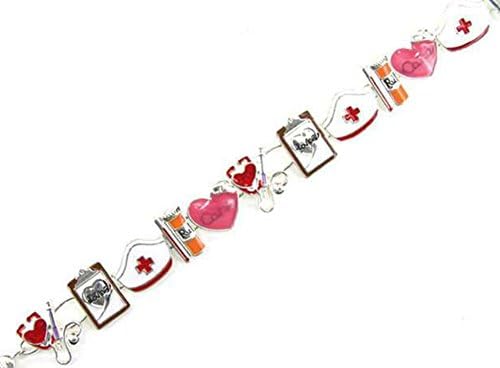 Silvertone Nurse "Care" Theme Magnetic Closure Bracelet with Colorful Charms (Gift Box Included)
