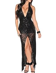 Ankle Length Cocktail Slit Sequined Stretchy Halter Sleeveless Evening Dress/Party Dress/Maxi Dress 
