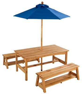 Childrens Toyshop  Toys : Outdoor Table and Benches with Blue Umbrella
