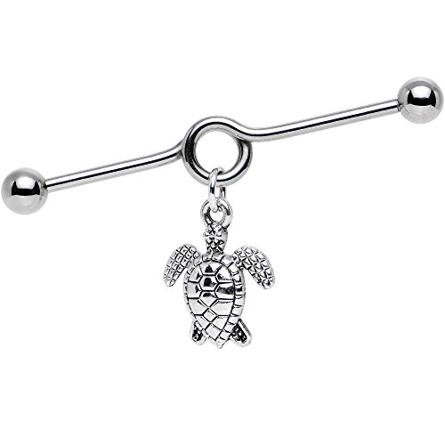 Body Candy Stainless Steel Handcrafted Sea Turtle Dangle Coil Industrial Barbell 32mm