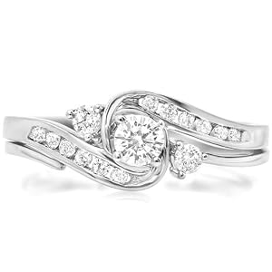 0.50 Carat (ctw) 10k White Gold Round Diamond Ladies Swirl Bridal Engagement Ring Matching Band Set 1/2 CT (Size 5.5)