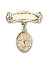 14K Gold Baby Badge with St. Isidore the Farmer Charm and Arched Polished Badge Pin
