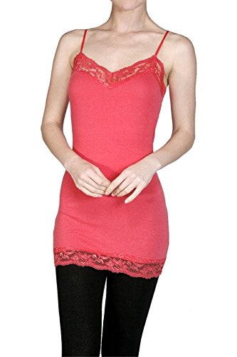 Ragstock Women's Plain Long Lace Trim Spaghetti Strap Camisole Tank Top