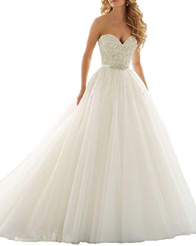 Ankang Women's Sweetheart Crystal Pearls Ball Gown Wedding Dress for Bride With Sash Ivory US18W