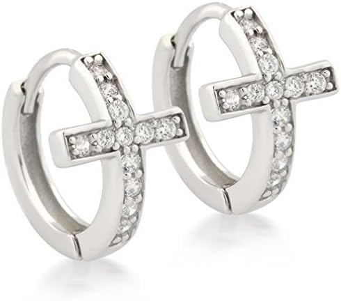 GSG 9 Sterling Silver Micro Pave Cross Design Huggies Earrings