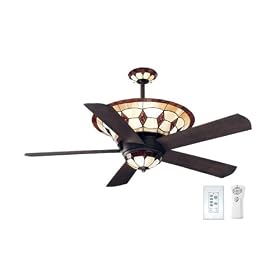 Ellington MC54ABZ5LKRCRD Manchester 54-Inch Five-Blade Ceiling Fan with Remote and Wall Control, Aged Bronze with Tiffany Glass Light