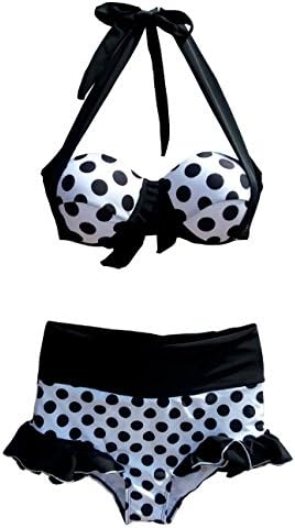 Teenloveme® Retro Pinup Girl High Waist Bikini Swimsuit Swimwear (XL, Black and White Polka Dot with Frills)